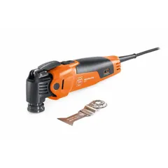 Corded oscillating tool with variable speed range of 10,000 to 19,500 oscillations per minute and 4° oscillation angle. Operates at 2.1 A current and has an 18 1/2-inch tool length. Suitable for cutting, sanding, scraping, and grinding on materials such as wood, metal, drywall, and plastics in construction and renovation applications.
