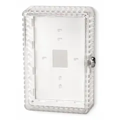 This plastic thermostat guard features a clear snap-on cover for easy temperature reading and a solid base with lock and key to prevent unauthorized access. Single-wall construction with inside dimensions 7-1/2 x 4-11/16 x 2-1/8 inches. Suitable for protecting thermostats in commercial or industrial settings.