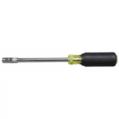 This SAE multi-bit nut driver features a hollow round shank that accommodates long bolts and studs. The magnetized tip holds fasteners securely, enabling one-handed operation in confined spaces. Suitable for driving SAE fasteners in electrical, construction, and maintenance tasks.
