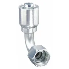 This Parker 90° elbow crimp hose fitting connects -8 dash hydraulic hoses to JIC threaded ports. It features a steel construction, female x genderless connection, and 3/4"-16 thread size. Used in fluid power systems for permanent, leak-resistant hose assemblies.