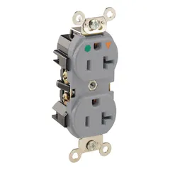 This LEVITON receptacle is a specification grade, duplex, isolated-ground device rated 125V AC, 20A, 2-pole/3-wire with a 5-20R configuration. It is designed for use in commercial and institutional settings where reliable power is required for general-purpose loads. The gray finish and hospital-grade construction support demanding electrical environments.