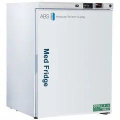 Undercounter lab refrigerator with 5.2 cu ft capacity, maintaining 2°C to 7°C. Features a white finish, swing solid door opening right, and temperature alarm. Uses R-600a refrigerant. Overall depth 24 in. Suitable for storing vaccines, pharmaceuticals, and biological samples in pharmacies, clinics, and laboratories.