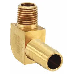 This low-lead brass barbed tube fitting elbow features a barbed x male NPT connection for joining tubing to threaded ports. It is rigid with a standard barb design, suitable for fluid handling in pneumatic, hydraulic, and water systems requiring a leak-resistant joint.