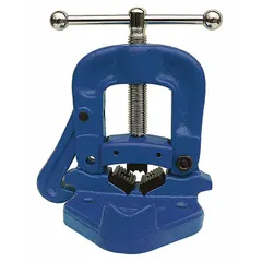 This bench yoke vise is constructed of metal and designed for clamping and holding pipes during cutting, threading, or welding. It accommodates a minimum height of 1/2 in and a maximum height of 4 in. Typical applications include plumbing, fabrication, and maintenance work in workshop settings.