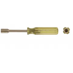 Non-sparking nut driver with a 3/8 in SAE tip size and round shank. Designed for standard use without a magnetized tip. Suitable for tightening or loosening nuts and bolts in environments where spark prevention is required.