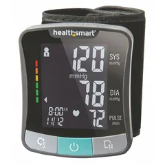 This wrist-type blood pressure monitor is designed for adult use, featuring a black nylon cuff. It automatically averages the last three readings to provide a more accurate assessment. The monitor is suitable for home or clinical settings where quick and convenient blood pressure measurement is needed.