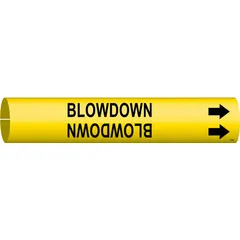 Yellow snap-on pipe marker with black legend reading 'Blowdown' and directional arrows. Fits pipe outer diameters from 1-1/2 to 2-3/8 inches. Used to identify blowdown lines in industrial piping systems, aiding in compliance with pipe-identification standards.