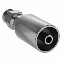 Carbon steel straight hydraulic crimp fitting with male NPT threads on one end and hose-end connection for -6 dash size hose. Thread size 3/8"-18, male x male configuration. Used to create permanent, leak-resistant hose assemblies in hydraulic systems