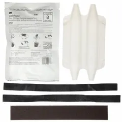 Molded resin splice kit for splicing electrical conductors rated up to 1000 V. Accepts wire sizes from 6 AWG to 1/0 AWG. Includes abrasive cloth for conductor preparation. Used in industrial power distribution, motor connections, and junction box terminations.