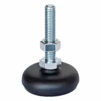 This non-skid male leveling mount features a 3.15 in round base with a 3/8"-16 threaded stud and a swiveling Buna-N thrust pad. It has a powder-coated finish, an 11/16 in hex size, and includes a nut. The mount provides height adjustment and vibration dampening for industrial equipment such as machinery, conveyors, and workstations