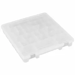 This clear plastic compartmented box features adjustable dividers for customizing compartment sizes to organize small parts. Suitable for workshops, assembly lines, and maintenance areas where clear visibility of contents is needed. Not electrostatic discharge conductive.