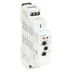 This DIN-rail mounted relay provides an off-delay timing function, operating on 12 to 240V AC/DC input voltage. Rated at 15 A, it features 6 pins/terminals for wiring. Typical applications include delaying equipment shutdown after a control signal is removed in industrial timing control circuits.