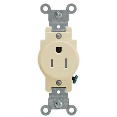 Single general-purpose receptacle rated 125V AC and 15A with 2-pole/3-wire grounding. Ivory finish for flush-mount installation. Suitable for powering standard electrical equipment in residential, commercial, and light industrial environments.