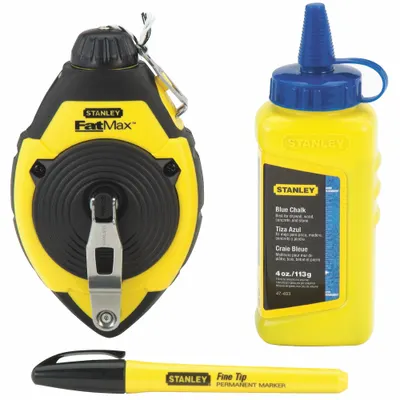 STANLEY Chalk Line Reel: 3:1, 100 ft Line Lg, Black/Yellow, 3 oz Fill Wt, Sliding Door - Chalk Line Reel Kits
