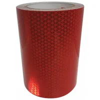 Red reflective tape with acrylic adhesive, 6 inches wide by 50 yards long. Designed for marking emergency, construction, and utility vehicles to enhance visibility and safety