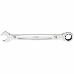 Steel construction with a chrome finish. 32 mm head size, 12-point ratcheting box end for faster fastener engagement. Overall length 16-7/8 in. Used for tightening and loosening metric fasteners in mechanical assembly and maintenance tasks.