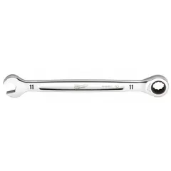 Chrome vanadium steel construction with a chrome finish. Standard-length wrench with an 11 mm head size. 12-point ratcheting design for turning metric fasteners in confined spaces. Suitable for general fastening tasks in mechanical assembly and maintenance.