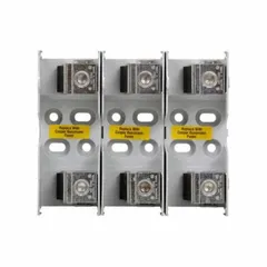 This 3-pole fuse block accommodates UL Class J fuses and is rated for 600 V AC. It features box lug terminals and a non-indicating design. Typical applications include power distribution and motor control circuits requiring overcurrent protection.