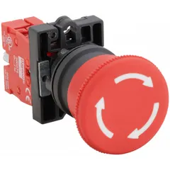 This mushroom-head push button features a non-metallic construction with a 22 mm profile. It has a maintained action and one normally closed (1NC) contact, with pressure plate terminal connections. Commonly used as an emergency stop device in industrial control circuits to provide a visible and tactile halt function.