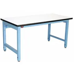 This heavy-duty open-base workstation features a blue laminate top measuring 60 x 36 inches. It has an overall load capacity of 5,000 lb, suitable for industrial assembly, maintenance, and testing applications where heavy equipment and parts are handled.