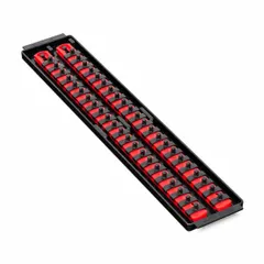 Plastic socket tray with 44 posts/slots for organizing sockets. Overall width 3 5/8 inches. Includes I.D. stickers for size identification. Suitable for workshops, garages, and industrial tool rooms.