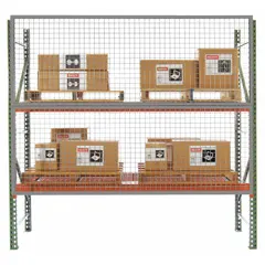 This heavy-duty welded-frame wire mesh back guard is constructed from 8-gauge steel with a powder-coated gray finish. Measuring 96 inches wide by 60 inches high, it is designed for use in pallet rack systems to contain loads and prevent items from falling into aisles. Hardware is not included.