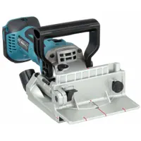 This cordless biscuit joiner operates on the 18V LXT platform and is sold as a bare tool without battery or charger. It features a maximum cutting depth of 3/4 inch with six depth settings for precise slot cutting. Suitable for wood joinery in furniture assembly, cabinetmaking, and trim work