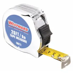 Inch and metric tape measure with a 26 ft / 8 m blade, manual lock, and nonmagnetic single hook tip. Graduated in 1/32 in increments for the first 6 in, with Metric/SAE and Inch/Metric markings. Housed in a chromed plastic silver case. Suitable for measuring distances in construction, woodworking, and general industrial applications.