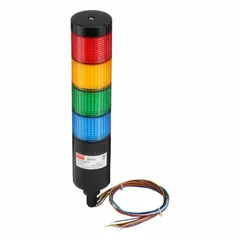 This four-tier tower light assembly provides visual status indication with amber, blue, green, and red light tiers. It operates on 24V AC/DC and has an overall height of 11 inches. Typical applications include machine status signaling, process stage indication, and alarm annunciation in industrial control systems.