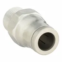 Stainless steel push-to-connect adapter fitting with male NPT threads. Connects 1/2 in OD tubing to a 1/4 in male threaded port. Used in pneumatic systems, instrumentation, and fluid handling for leak-free connections