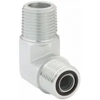 This steel hydraulic hose adapter features a 90° rigid elbow configuration with male ORS and male NPTF threads on each end. It is used to connect ORS (O-Ring Seal) to NPTF (National Pipe Taper Fuel) fittings in hydraulic systems, allowing fluid transfer where a directional change is needed