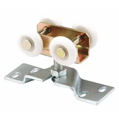 This hanging door roller supports sliding doors in residential or light commercial applications. It measures 3 3/4 inches in width and has a maximum weight capacity of 40 lb. The roller guides door movement along a track.