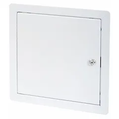 This locking access door is constructed from 14-gauge steel with a powder-coated finish. It features a piano hinge and exposed flange for wall mounting. Typical applications include providing secure access to mechanical, electrical, or plumbing systems in commercial or industrial settings.