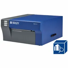 This full-color inkjet printer operates as a PC-connected or standalone device for producing facility safety identification labels, signs, and tags. It includes a CMY ink cartridge with built-in printhead, a USB cable, and the Brady Workstation Safety and Facility Identification Software Suite for designing compliant safety labels.