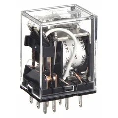 Socket-mounted relay with 3PDT contact configuration, 24V DC coil, and 5 A current rating. Features a square base with flat pins, 11 terminals, and quick-connect electrical connection. Operating current is 2 A at 24V DC for inductive loads. Suitable for industrial control and automation switching applications.