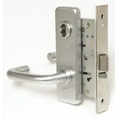 This BEST storeroom lever lockset features a satin chromium-plated stainless steel finish and a 40H escutcheon style. It is ADA compliant and uses an interchangeable core. The ANSI F07 function allows keyed entry from outside and free egress from inside, suitable for interior doors in commercial facilities such as offices, schools, and hospitals.