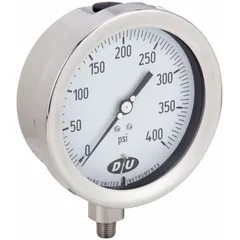 This DURO pressure gauge features a 4 1/2 in white dial with a black pointer, providing a pressure range of 0 psi to 400 psi with ±0.5% accuracy. The all-stainless steel wetted parts and casing resist corrosion in demanding environments. It has a 1/4 in NPT male bottom connection and is suitable for measuring pressure in systems handling compatible fluids or gases.