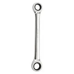This double-end ratcheting box end wrench features 5/8 in and 9/16 in head sizes with a 12-point design for quick engagement on hex fasteners. The chrome finish provides corrosion resistance, and the 7-1/2 in overall length offers leverage for tightening or loosening fasteners in confined spaces.