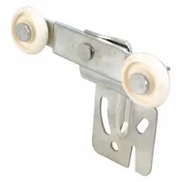 This hanging door roller from PRIME-LINE measures 2-1/2 inches in length and 3-3/4 inches in width, with a maximum weight capacity of 60 lb per pair. It is used as a replacement component in sliding door applications for maintenance or repair