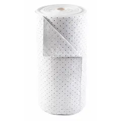 White polypropylene sorbent roll for absorbing industrial spills and leaks of oils, coolants, and water. Measures 150 ft long by 30 in wide. Suitable for maintenance, machining, and fluid-handling areas.