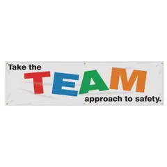 Indoor/outdoor safety banner made of poly sheeting, printed on one side. Nominal sign size is 28 in x 96 in. Suitable for displaying safety messages in industrial facilities, warehouses, and construction sites.