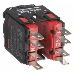 Momentary contact block with 2 normally closed (2NC) contacts for the ZB6 series. Features a Faster Connector terminal type for quick wiring. Used in industrial control panels for stop or safety circuits.