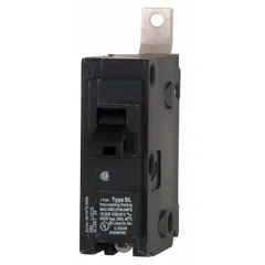 Single-pole miniature circuit breaker rated 70A at 120/240V AC, part of the BL Series. Features a standard trip characteristic and a maximum AIR rating of 22kA at 120V AC. Designed for bolt-on installation in Siemens P1 panelboards, providing overcurrent protection for single-phase branch circuits in commercial and industrial electrical distribution systems.