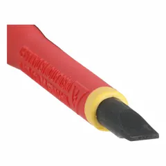 Insulated slotted screwdriver with a 3/16 in tip, 4 in shank length, and 8 in overall length. Designed for turning slotted screws in electrical applications where insulation is required. Cushion grip provides comfort and control. Suitable for maintenance, assembly, and repair tasks.