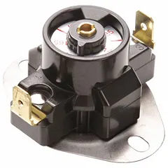 This surface-mount limit control features SPST, auto-reset operation. It closes on temperature rise between 90°F and 130°F and opens on drop between 70°F and 110°F. Used in HVAC systems, furnaces, and ovens to regulate fan operation based on preset thresholds.