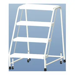 Assembled aluminum rolling ladder with weight-actuated casters that lock when stepped on for stability. Features ribbed tread and a 3.2 ft platform height. Suitable for accessing elevated storage or work areas in warehouses and industrial facilities. No handrails included.