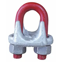 This forged steel U-bolt clip is used to form a load-bearing eye or loop at the end of a wire rope. It is compatible with 1-1/8 in rope diameter and requires a 34 in rope turnback length. The clip is fabricated from forged steel with a red finish, suitable for rigging and lifting applications.