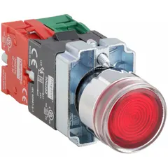 This momentary-action illuminated push button features an extended metallic profile for enhanced visibility in control panels. With a 22 mm mounting hole, 1NO/1NC contact configuration, and pressure plate terminals, it provides reliable operator input in industrial automation and machine control applications.