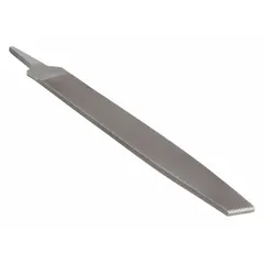 Double-cut warding file with single-edge bastard cut and natural finish. Measures 10 inches without tang and 15/16 inches wide, tapering towards the point. Used for fine metal filing and keyway work in tight spaces.
