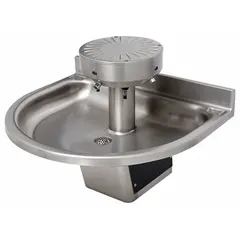 This ACORN sensor-operated wash fountain features a semi-circular stainless steel bowl with a P-Trap drain. It is ADA compliant and has an overall width of 32 inches. The black/silver finish suits commercial restroom applications.